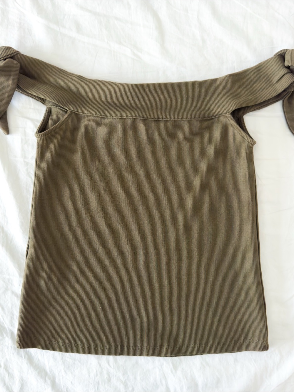 Mango Olive Ribbed Off-Shoulder Crop Top